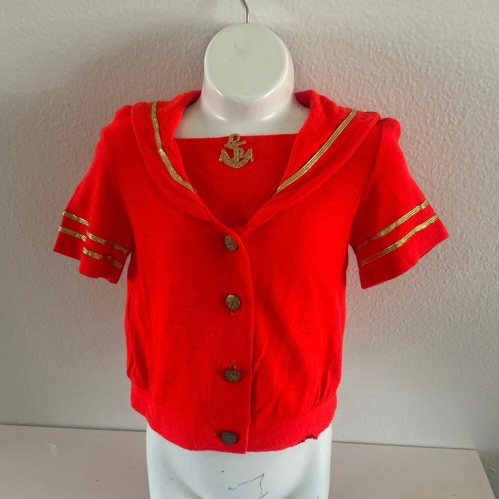 Vtg 70’s Red/Gold Trim Sailor Top Gold Nautical Buttons Girls6 Nautical Costume